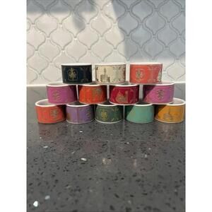 Vintage 12 Plastic Leather Wrapped Napkin Rings Fleur de Le Blue Red Gold